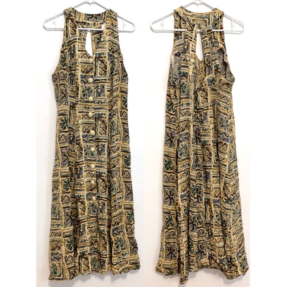 VINTAGE VTG ? JONI BLAIR Yellow Aztec Geo Geometric Tile Print Summer Midi Dress
